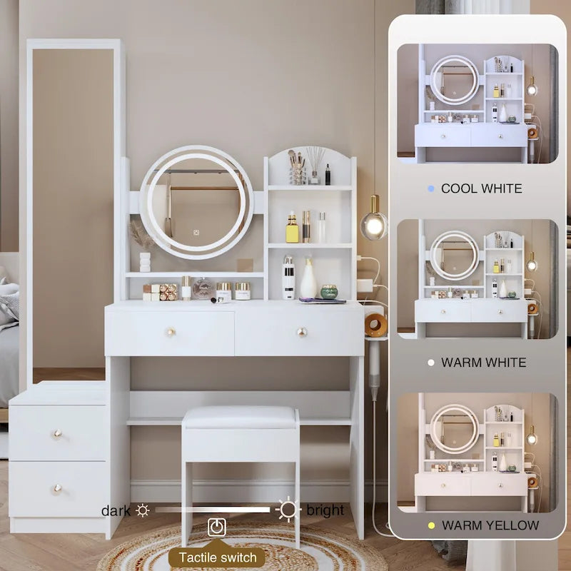 Armoire de toilette avec miroir pleine longueur + coiffeuse ronde avec miroir LED + tabouret rembourré