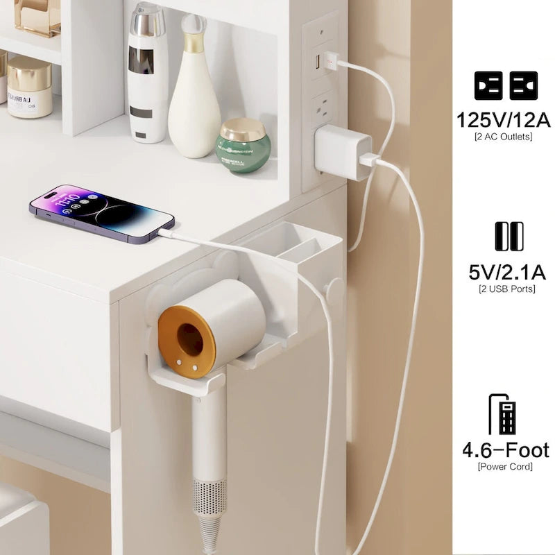 Armoire de toilette avec miroir pleine longueur + coiffeuse ronde avec miroir LED + tabouret rembourré