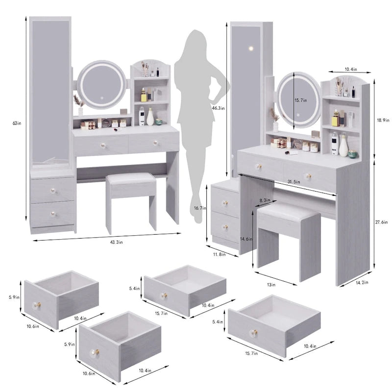 Armoire de toilette avec miroir pleine longueur + coiffeuse ronde avec miroir LED + tabouret rembourré