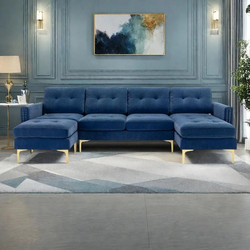 110.6 Velvet L-Shaped Sectional Sofa with Movable Ottoman and Storage Pockets