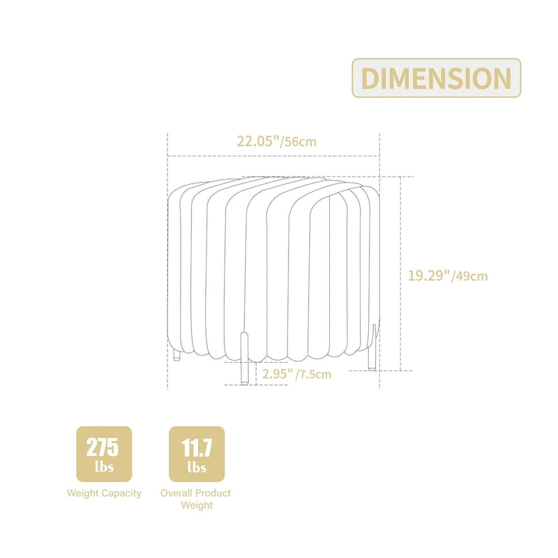 Pouf ottoman rond rembourré de 22,05 pouces de large avec pieds en métal noir