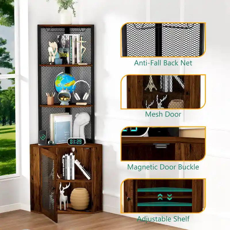 Étagère d'angle avec portes, meuble d'angle 65 avec étagères et porte-verres à vin, étagère d'angle à 6 niveaux pour bibliothèque