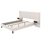 Lit plateforme bas, lit moderne recouvert de velours, lit à tête de lit capitonnée en losanges avec 2 tables de chevet et rangement