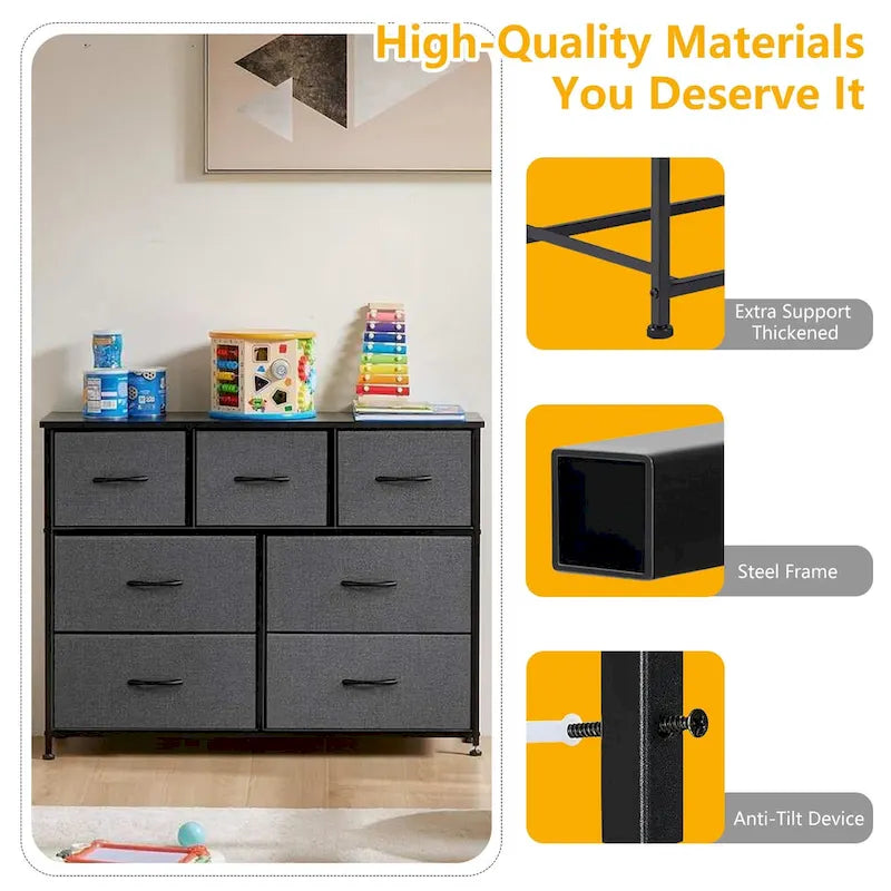 Commode à 7 tiroirs autoportante avec plateau en bois, idéale pour une chambre ou un dressing.