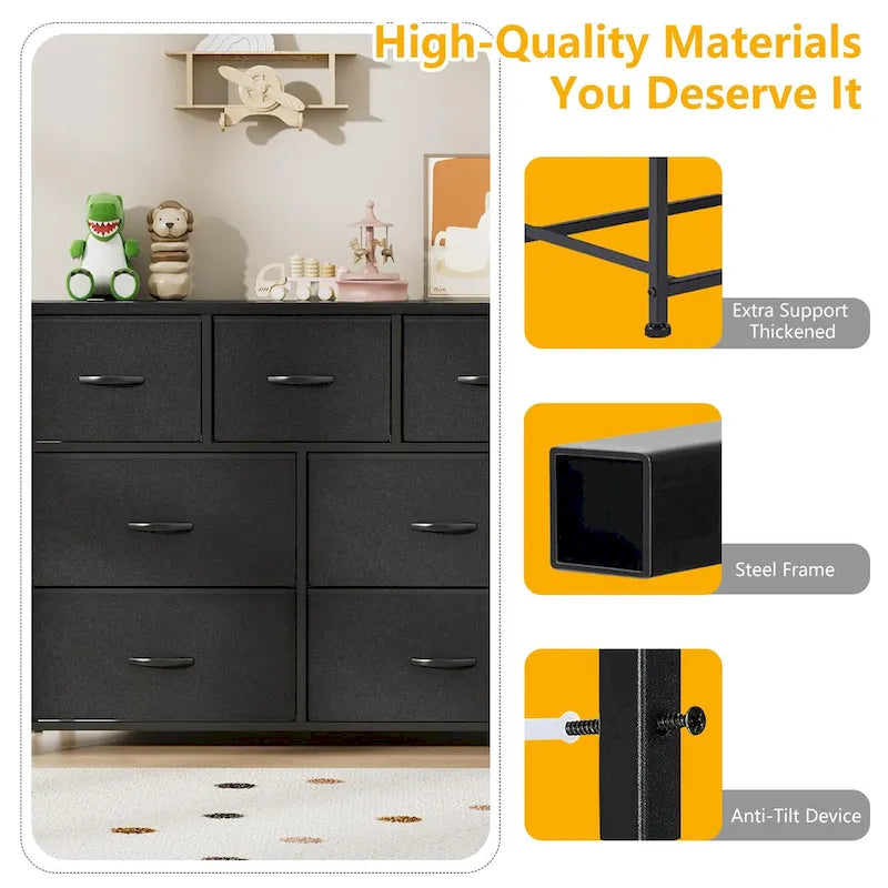 Commode à 7 tiroirs autoportante avec plateau en bois, idéale pour une chambre ou un dressing.