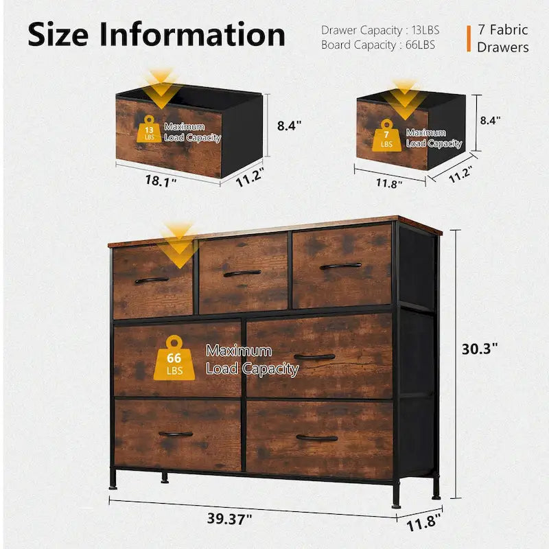 Commode à 7 tiroirs autoportante avec plateau en bois, idéale pour une chambre ou un dressing.