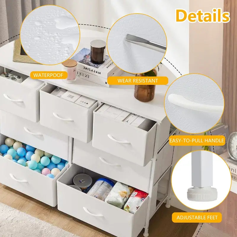 Commode à 7 tiroirs autoportante avec plateau en bois, idéale pour une chambre ou un dressing.