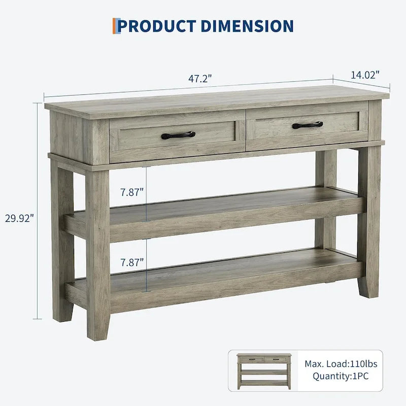 Console de style campagnard, table d'entrée rustique avec 2 tiroirs et 2 étagères, table d'appoint en bois pour canapé ou bureau d'entrée