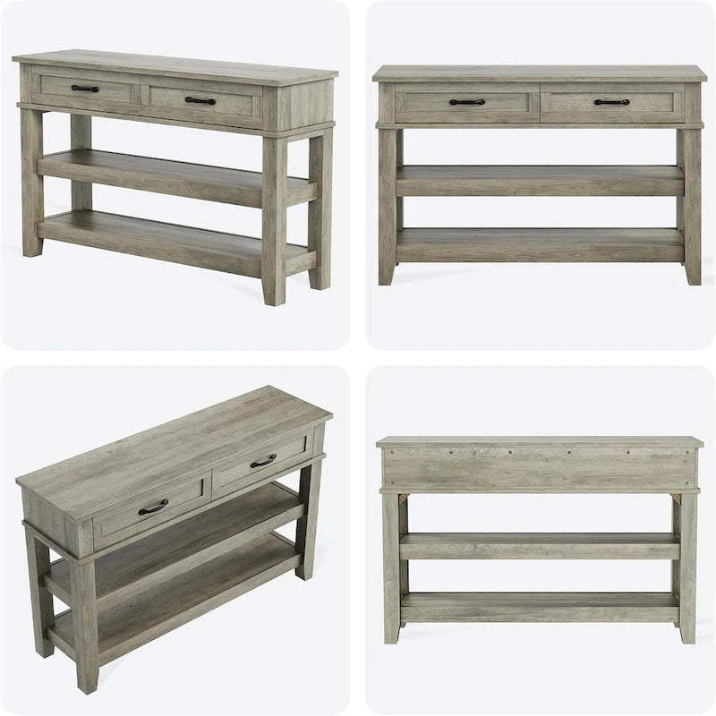 Console de style campagnard, table d'entrée rustique avec 2 tiroirs et 2 étagères, table d'appoint en bois pour canapé ou bureau d'entrée