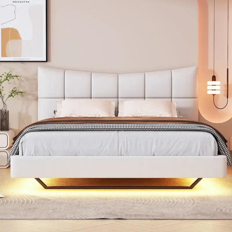Lit plateforme rembourré beige Queen Size avec lumières LED et tête de lit en forme de U