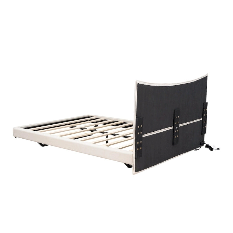 Lit plateforme rembourré beige Queen Size avec lumières LED et tête de lit en forme de U