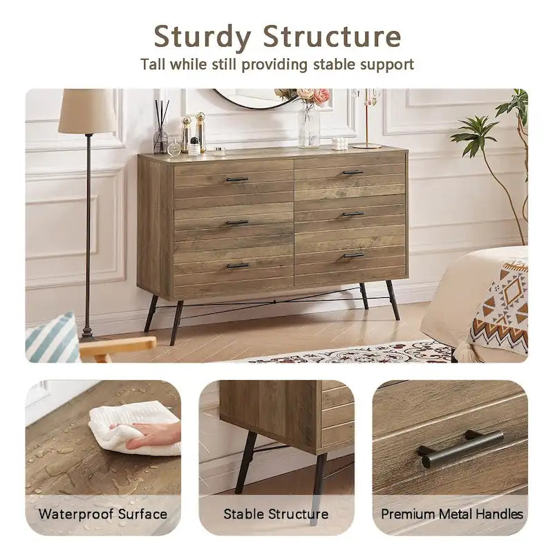 Commode de style rustique 47,24 avec 6 tiroirs de rangement profonds pour le salon