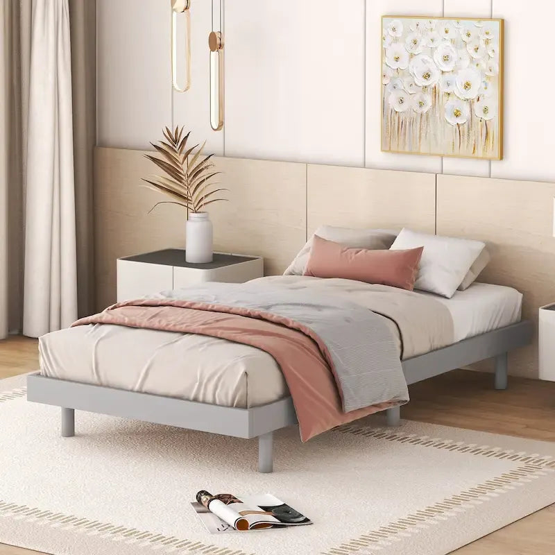 Grey Particle Board Twin Floating Platform Bed Frame with Rubberwood Legs