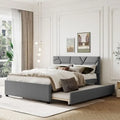 Grey Queen Size Upholstered Platform Bed with Brick Pattern Headboard and Twin Size Trundle