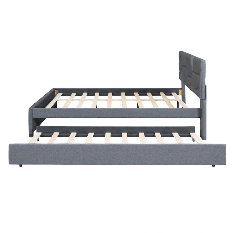 Lit plateforme gris Queen Size capitonné avec tête de lit à motif brique et lit gigogne Twin Size