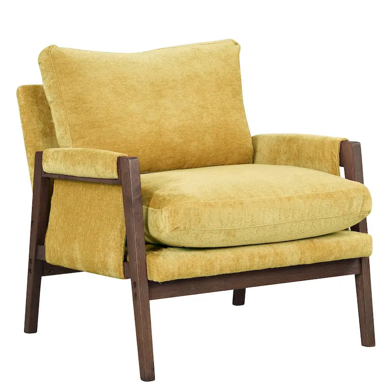 Fauteuil jaune de style moderne du milieu du siècle, 35,4 cm, en velours, avec structure en bois d'hévéa massif et pieds rembourrés.