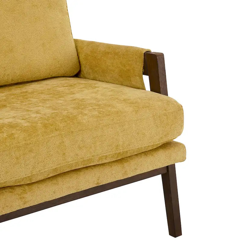 Fauteuil jaune de style moderne du milieu du siècle, 35,4 cm, en velours, avec structure en bois d'hévéa massif et pieds rembourrés.