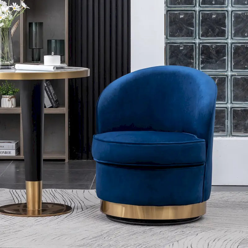 Blue Modern 22 Upholstered Velvet Accent Chair with Round Swivel Metal Base for Living Room