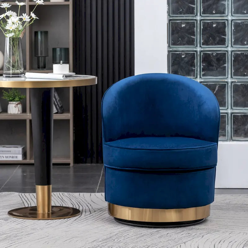 Fauteuil d'appoint moderne bleu 22 en velours capitonné avec base pivotante ronde en métal pour salon