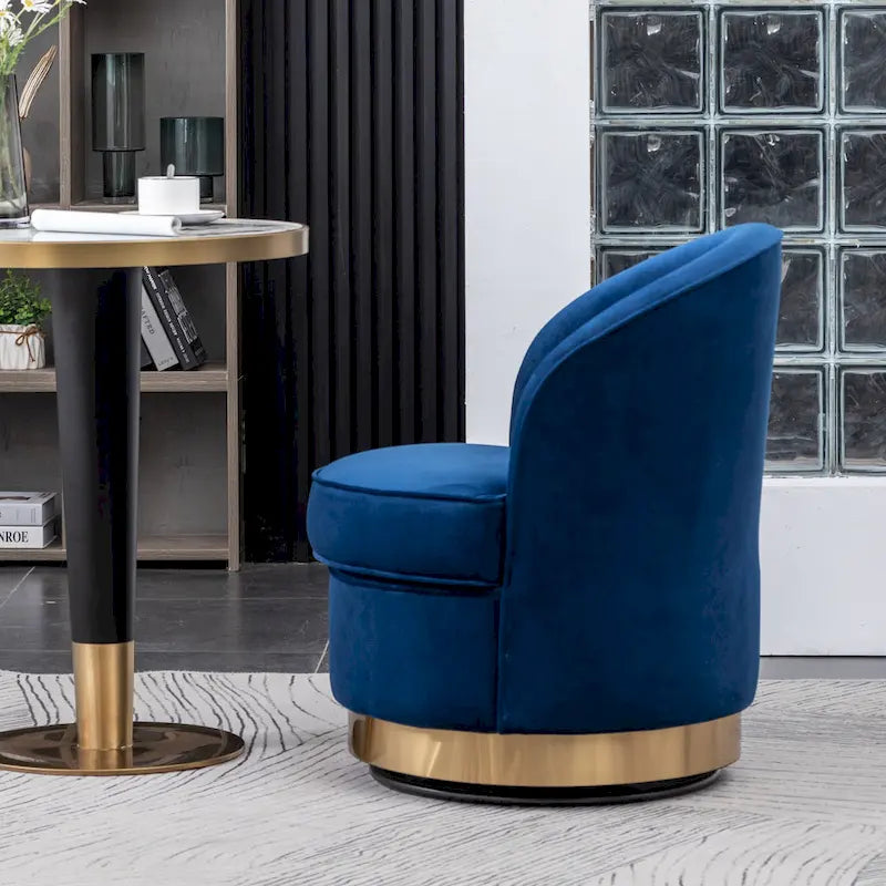 Fauteuil d'appoint moderne bleu 22 en velours capitonné avec base pivotante ronde en métal pour salon