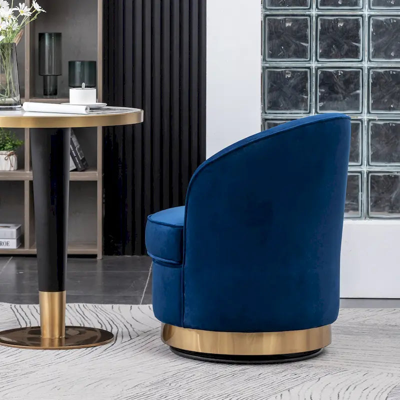 Fauteuil d'appoint moderne bleu 22 en velours capitonné avec base pivotante ronde en métal pour salon