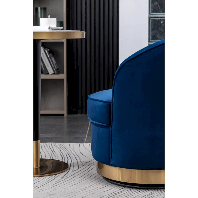 Fauteuil d'appoint moderne bleu 22 en velours capitonné avec base pivotante ronde en métal pour salon