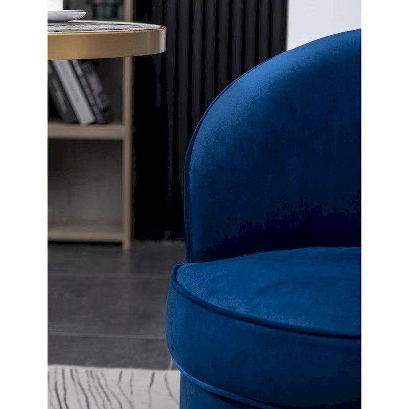 Fauteuil d'appoint moderne bleu 22 en velours capitonné avec base pivotante ronde en métal pour salon