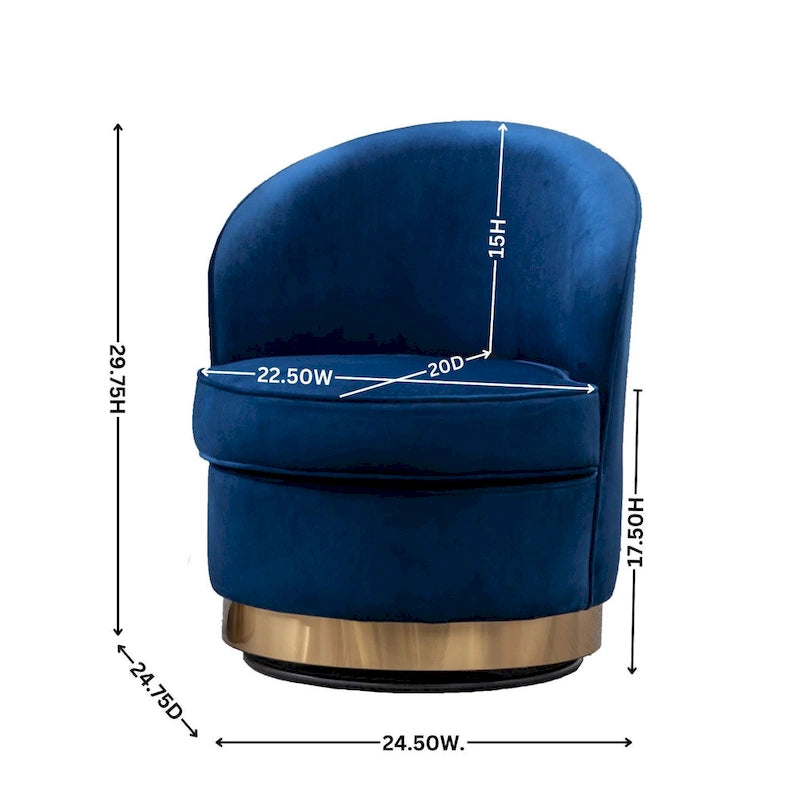 Fauteuil d'appoint moderne bleu 22 en velours capitonné avec base pivotante ronde en métal pour salon
