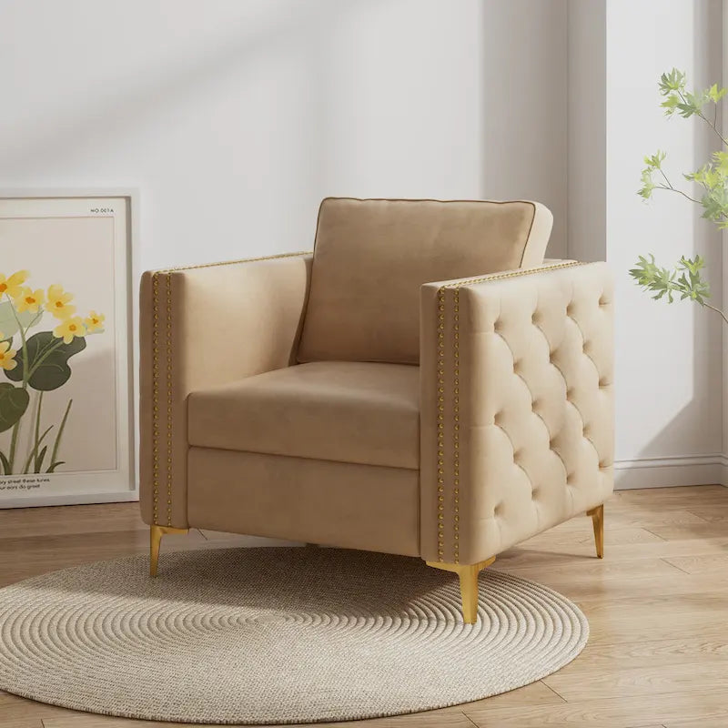 Khaki Modern 35.4 Upholstered Button Tufted Arm Chair with Metal Legs and Nailheads for Living Room