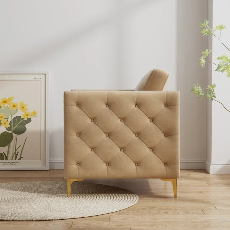 Fauteuil capitonné kaki moderne 35,4 cm avec pieds en métal et clous décoratifs pour salon