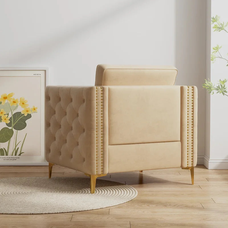 Fauteuil capitonné kaki moderne 35,4 cm avec pieds en métal et clous décoratifs pour salon