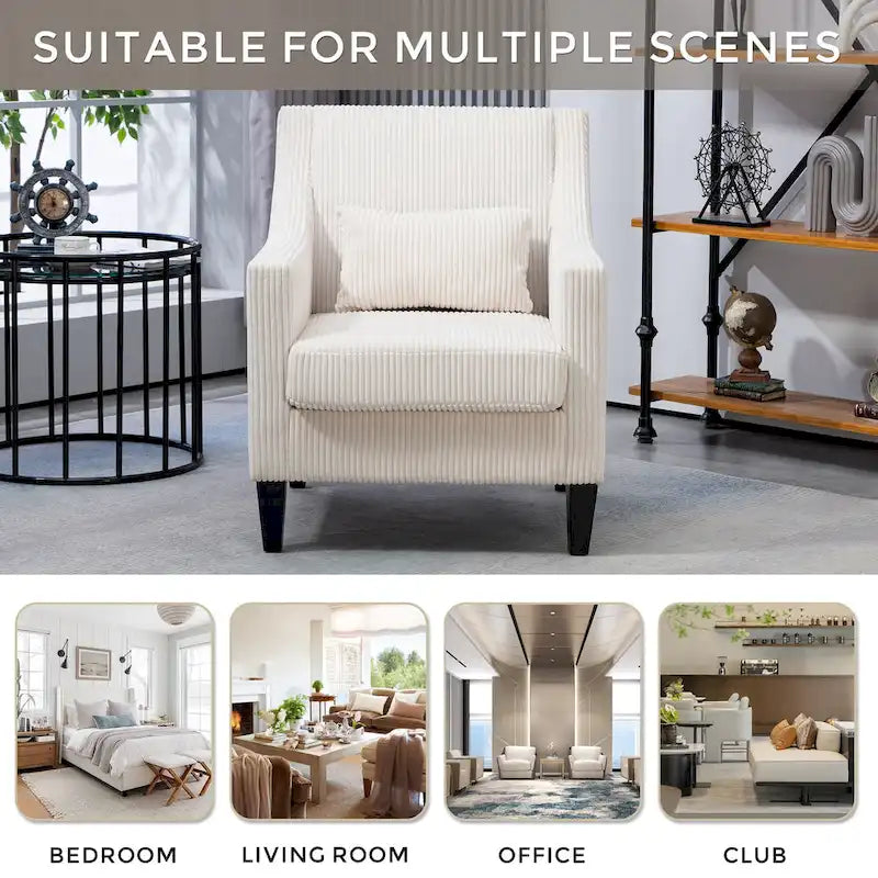 Fauteuil moderne beige 26,77 avec accoudoirs incurvés et pieds en bois d'hévéa pour salon