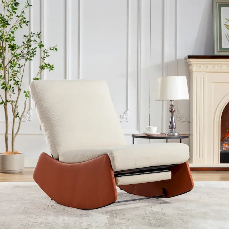 Fauteuil inclinable à bascule moderne orange et beige, revêtu de velours côtelé, avec repose-pieds et pieds en cuir PU, pour salon et chambre.