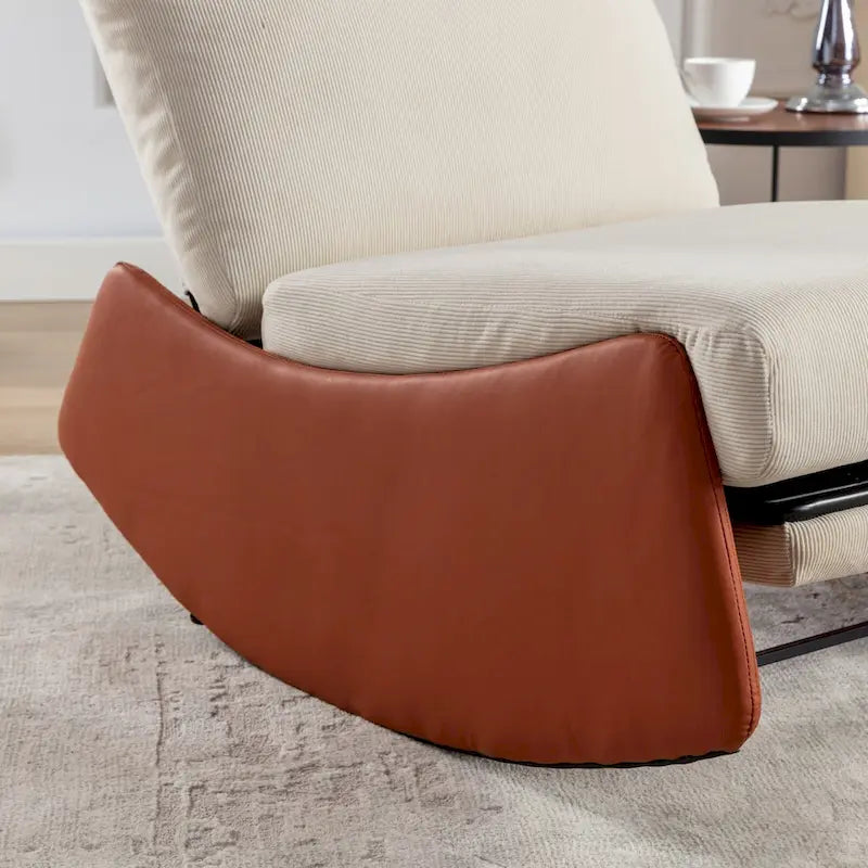 Fauteuil inclinable à bascule moderne orange et beige, revêtu de velours côtelé, avec repose-pieds et pieds en cuir PU, pour salon et chambre.