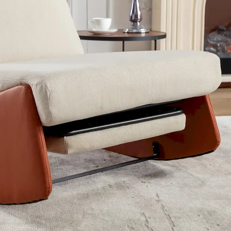 Fauteuil inclinable à bascule moderne orange et beige, revêtu de velours côtelé, avec repose-pieds et pieds en cuir PU, pour salon et chambre.