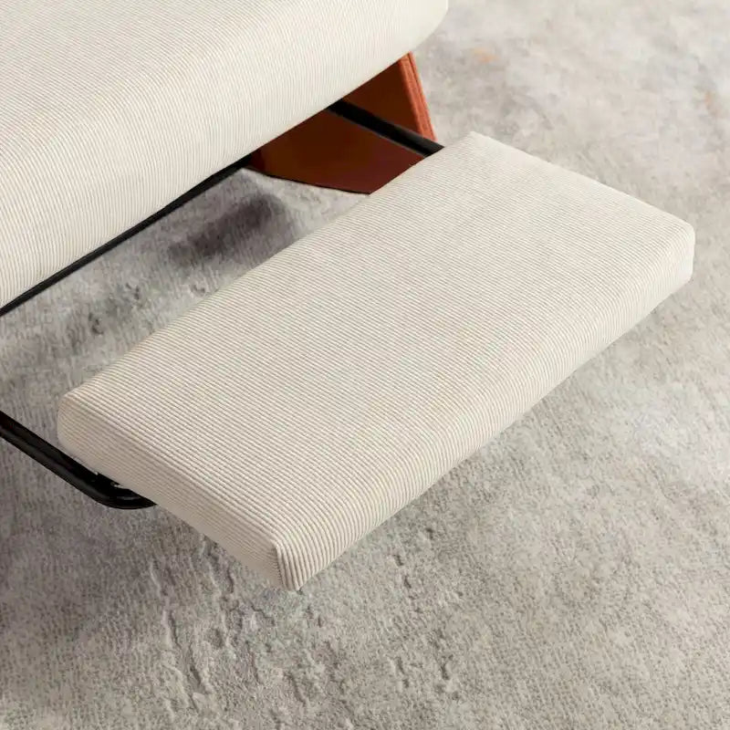 Fauteuil inclinable à bascule moderne orange et beige, revêtu de velours côtelé, avec repose-pieds et pieds en cuir PU, pour salon et chambre.