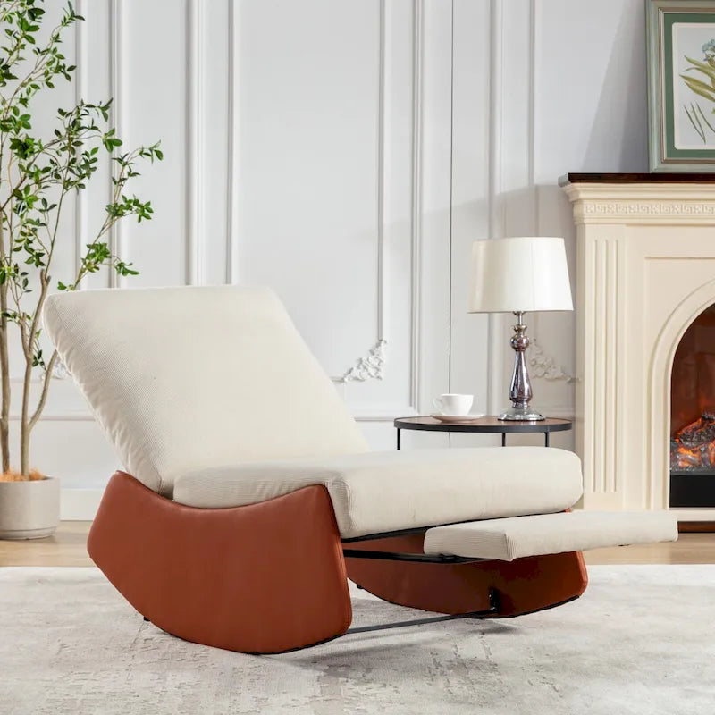 Fauteuil inclinable à bascule moderne orange et beige, revêtu de velours côtelé, avec repose-pieds et pieds en cuir PU, pour salon et chambre.