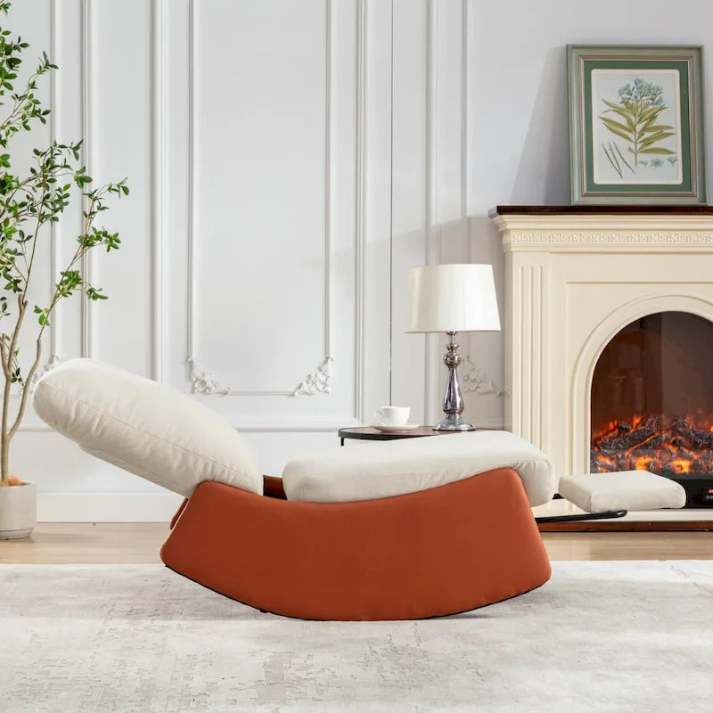Fauteuil inclinable à bascule moderne orange et beige, revêtu de velours côtelé, avec repose-pieds et pieds en cuir PU, pour salon et chambre.