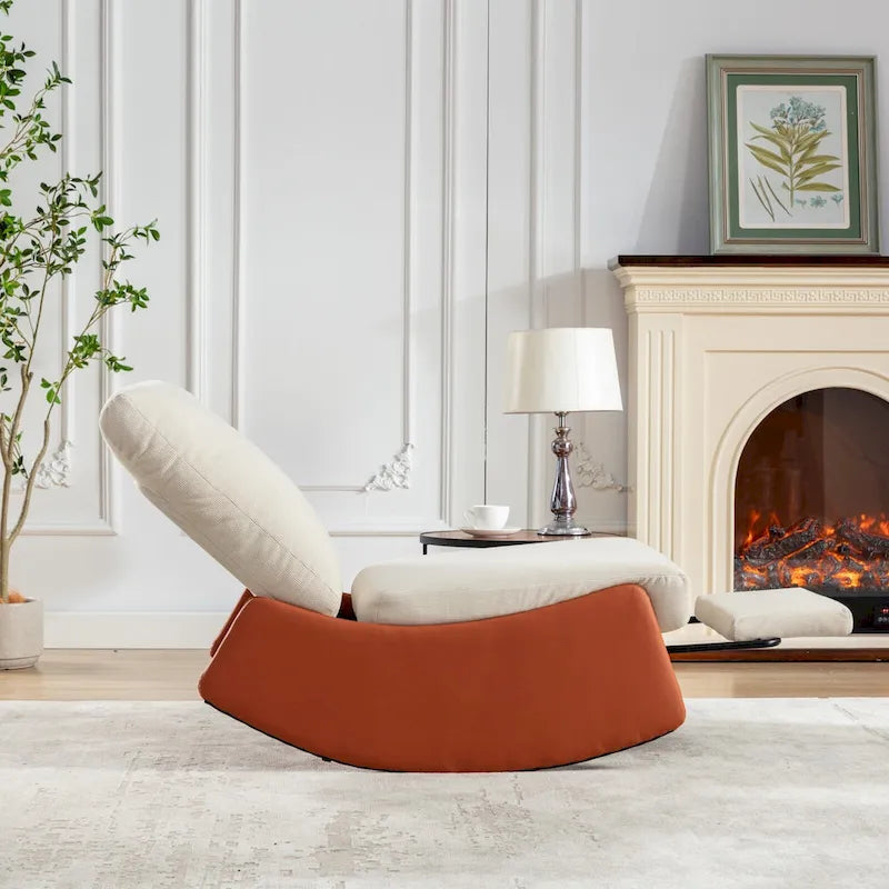 Fauteuil inclinable à bascule moderne orange et beige, revêtu de velours côtelé, avec repose-pieds et pieds en cuir PU, pour salon et chambre.