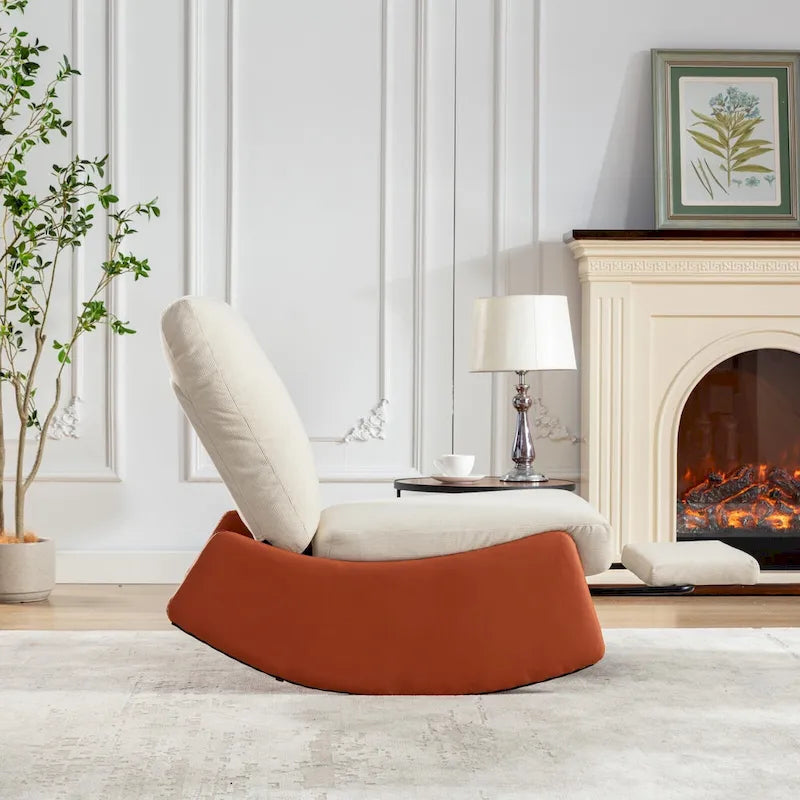 Fauteuil inclinable à bascule moderne orange et beige, revêtu de velours côtelé, avec repose-pieds et pieds en cuir PU, pour salon et chambre.