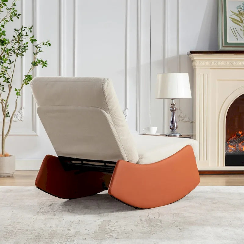 Fauteuil inclinable à bascule moderne orange et beige, revêtu de velours côtelé, avec repose-pieds et pieds en cuir PU, pour salon et chambre.