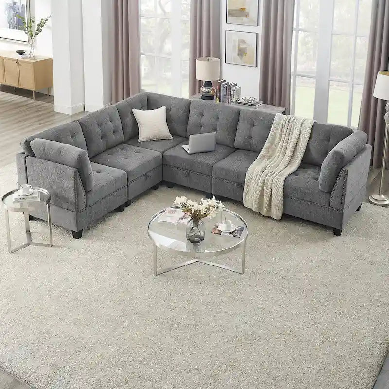 Grey 116 L-Shaped 6-Seat Sofa with Chairs and Storage