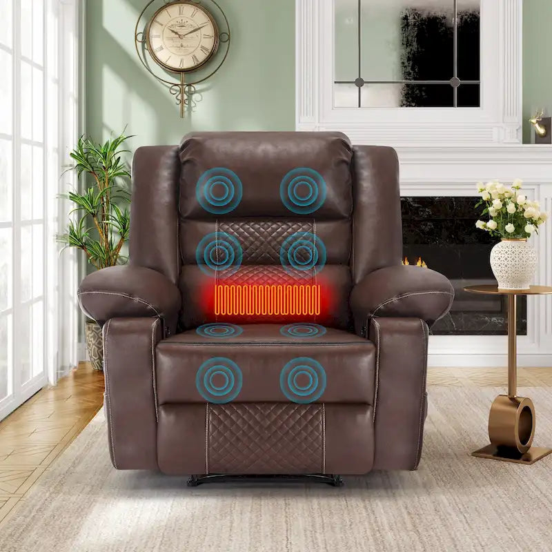 Fauteuil de massage inclinable manuel en cuir marron avec vibration à 8 points, chauffage lombaire et options multi-positions