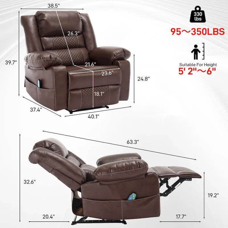 Fauteuil de massage inclinable manuel en cuir marron avec vibration à 8 points, chauffage lombaire et options multi-positions