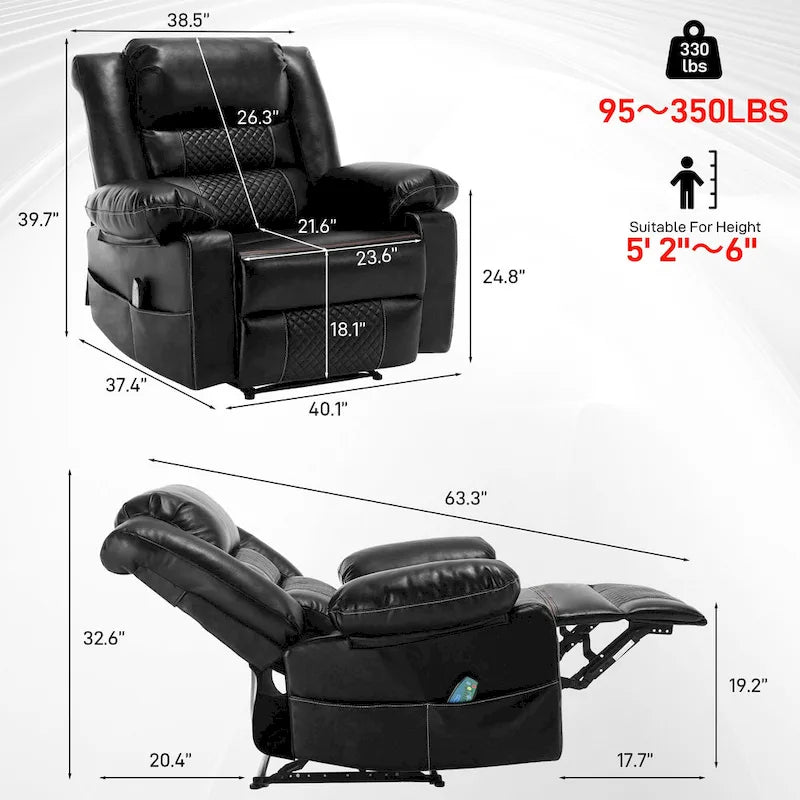 Fauteuil de massage inclinable manuel en cuir marron avec vibration à 8 points, chauffage lombaire et options multi-positions