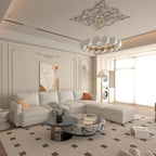 Canapé d'angle modulaire 4 places en forme de U blanc 123 avec poufs de rangement, montage et transport faciles.