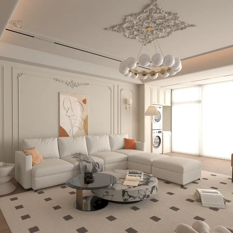 Canapé d'angle modulaire 4 places en forme de U blanc 123 avec poufs de rangement, montage et transport faciles.