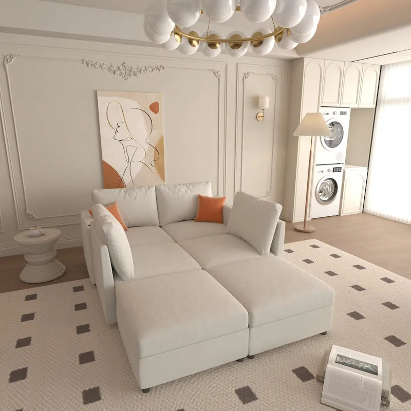 Canapé d'angle modulaire 4 places en forme de U blanc 123 avec poufs de rangement, montage et transport faciles.