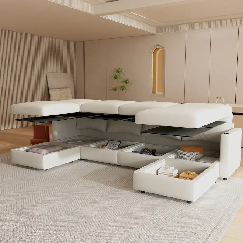 Canapé d'angle modulaire 4 places en forme de U blanc 123 avec poufs de rangement, montage et transport faciles.