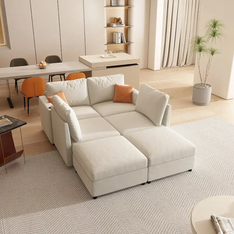 Canapé d'angle modulaire 4 places en forme de U blanc 123 avec poufs de rangement, montage et transport faciles.